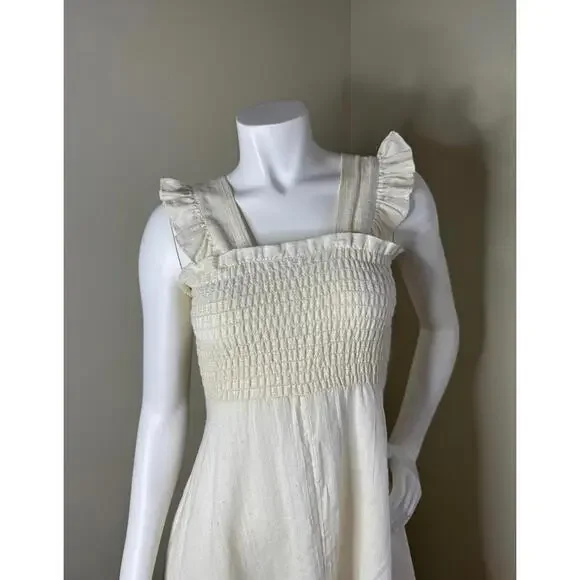 Vintage Cream Linen Ruffle Midi Dress Smocked Bodice Cottagecore - Picture 2 of 4